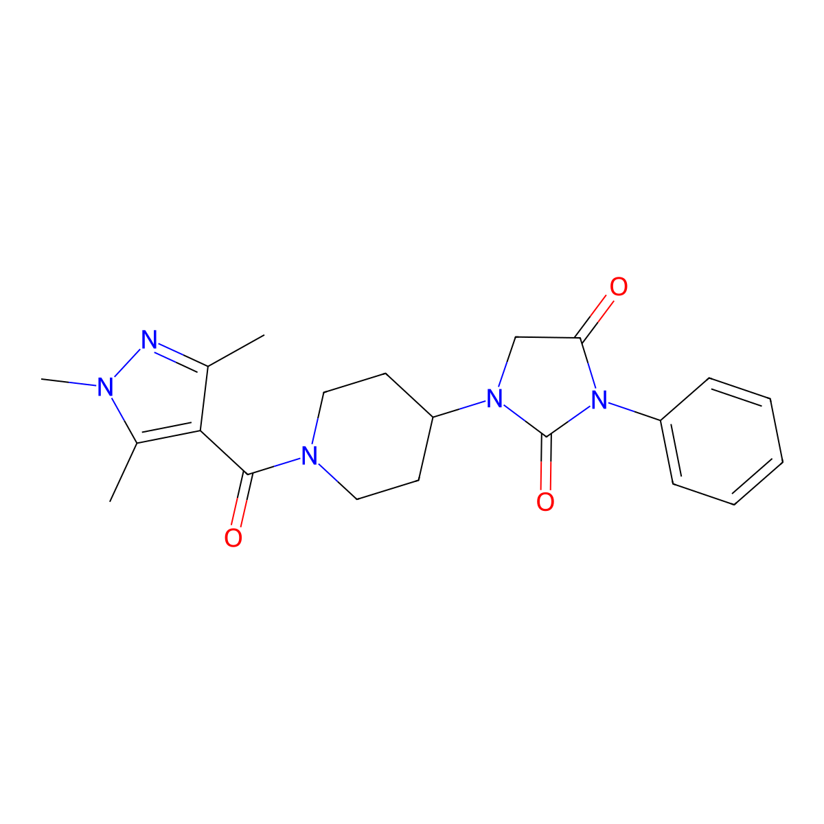 3-phenyl-1-[1-(1,3,5-trimethyl-1H-pyrazole-4-carbonyl)piperidin-4-yl]imidazolidine-2,4-dione molecular structure, CAS 1904412-31-2