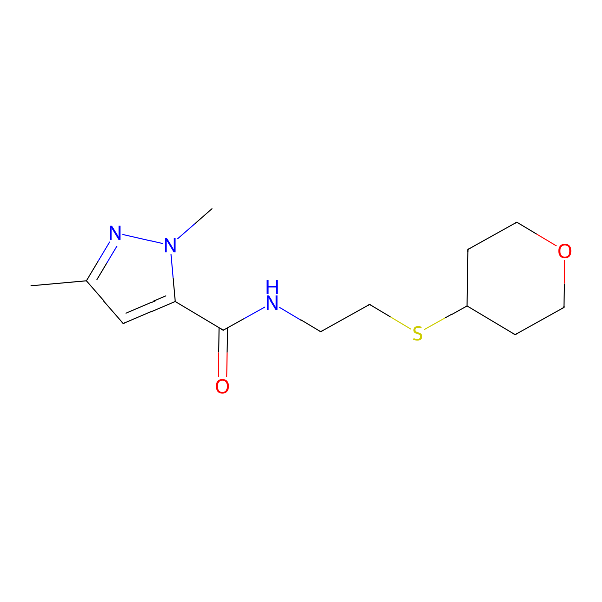 1,3-dimethyl-N-[2-(oxan-4-ylsulfanyl)ethyl]-1H-pyrazole-5-carboxamide molecular structure, CAS 1904414-09-0