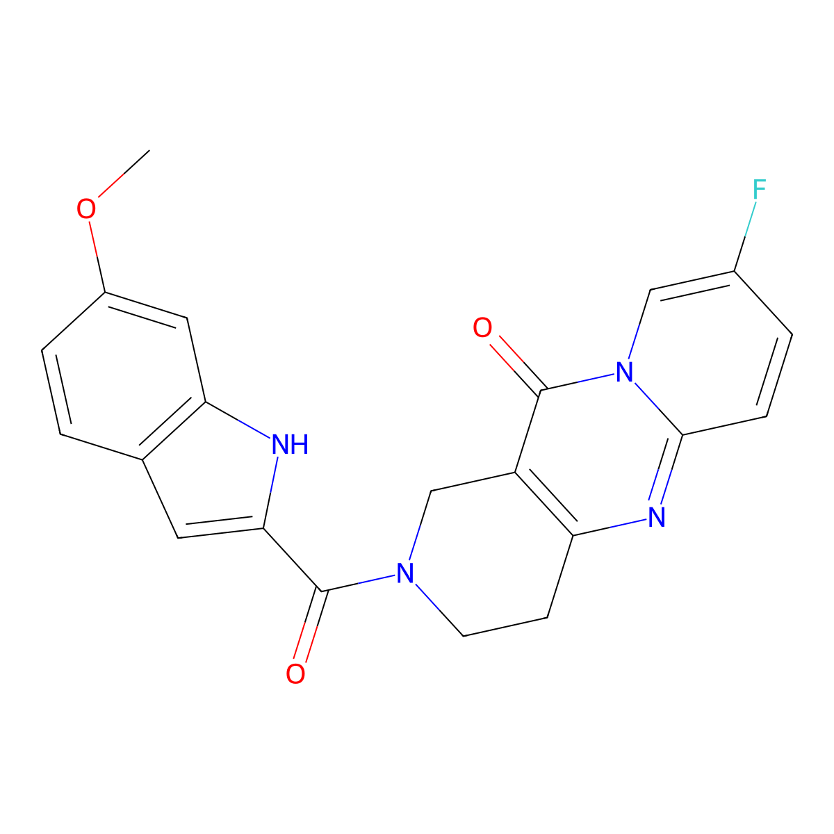 8-fluoro-2-(6-methoxy-1H-indole-2-carbonyl)-3,4-dihydro-1H-dipyrido[1,2-a:4',3'-d]pyrimidin-11(2H)-one molecular structure, CAS 1904415-17-3