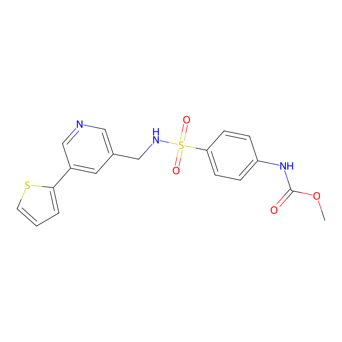 methyl (4-(N-((5-(thiophen-2-yl)pyridin-3-yl)methyl)sulfamoyl)phenyl)carbamate molecular structure, CAS 1904417-22-6
