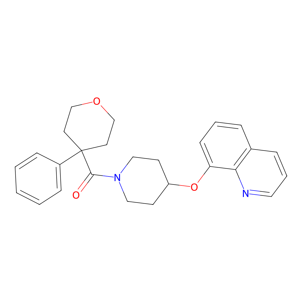 (4-phenyltetrahydro-2H-pyran-4-yl)(4-(quinolin-8-yloxy)piperidin-1-yl)methanone molecular structure, CAS 1904419-68-6