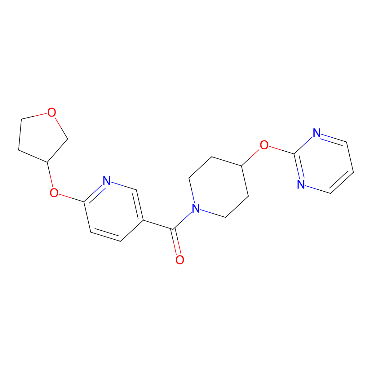 (4-(Pyrimidin-2-yloxy)piperidin-1-yl)(6-((tetrahydrofuran-3-yl)oxy)pyridin-3-yl)methanone molecular structure, CAS 1904423-22-8