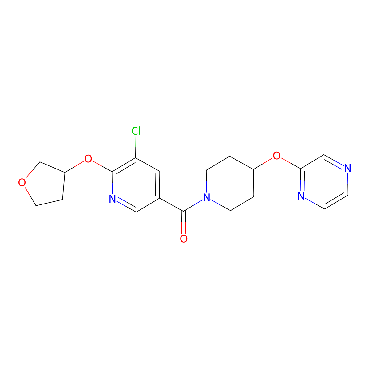 (5-Chloro-6-((tetrahydrofuran-3-yl)oxy)pyridin-3-yl)(4-(pyrazin-2-yloxy)piperidin-1-yl)methanone molecular structure, CAS 1904433-35-7