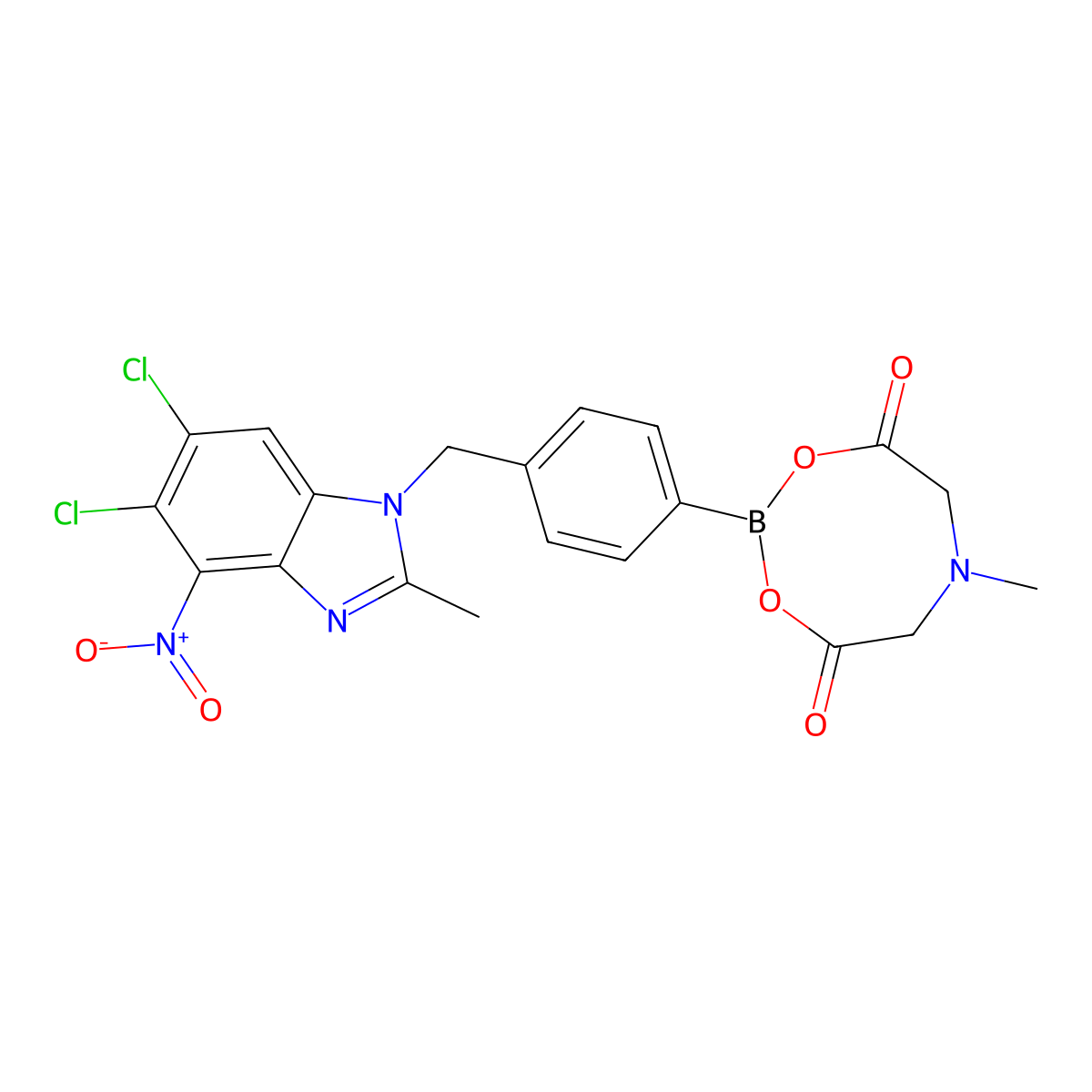 2-(4-((5,6-Dichloro-2-methyl-4-nitro-1H-benzo[d]imidazol-1-yl)methyl)phenyl)-6-methyl-1,3,6,2-dioxazaborocane-4,8-dione molecular structure, CAS 1904596-92-4