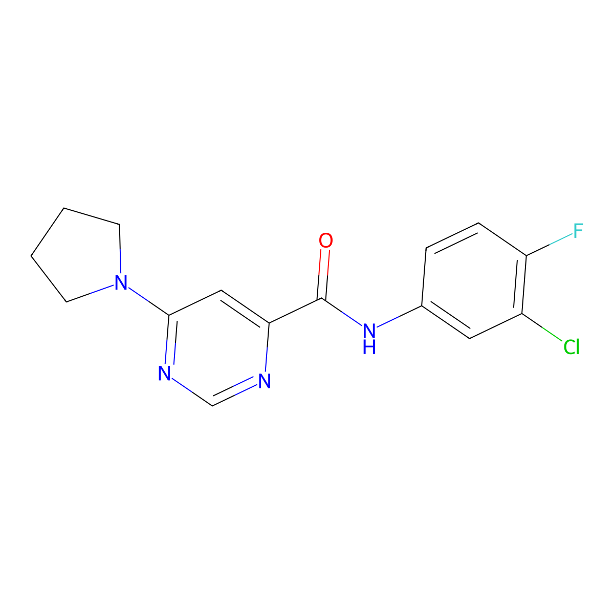 N-(3-chloro-4-fluorophenyl)-6-(pyrrolidin-1-yl)pyrimidine-4-carboxamide molecular structure, CAS 1904706-77-9