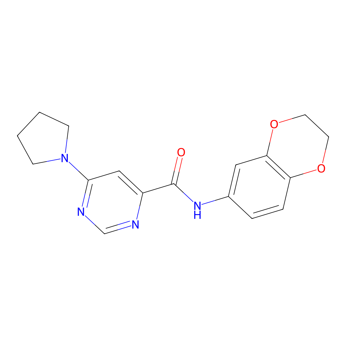 N-(2,3-dihydrobenzo[b][1,4]dioxin-6-yl)-6-(pyrrolidin-1-yl)pyrimidine-4-carboxamide molecular structure, CAS 1905143-90-9