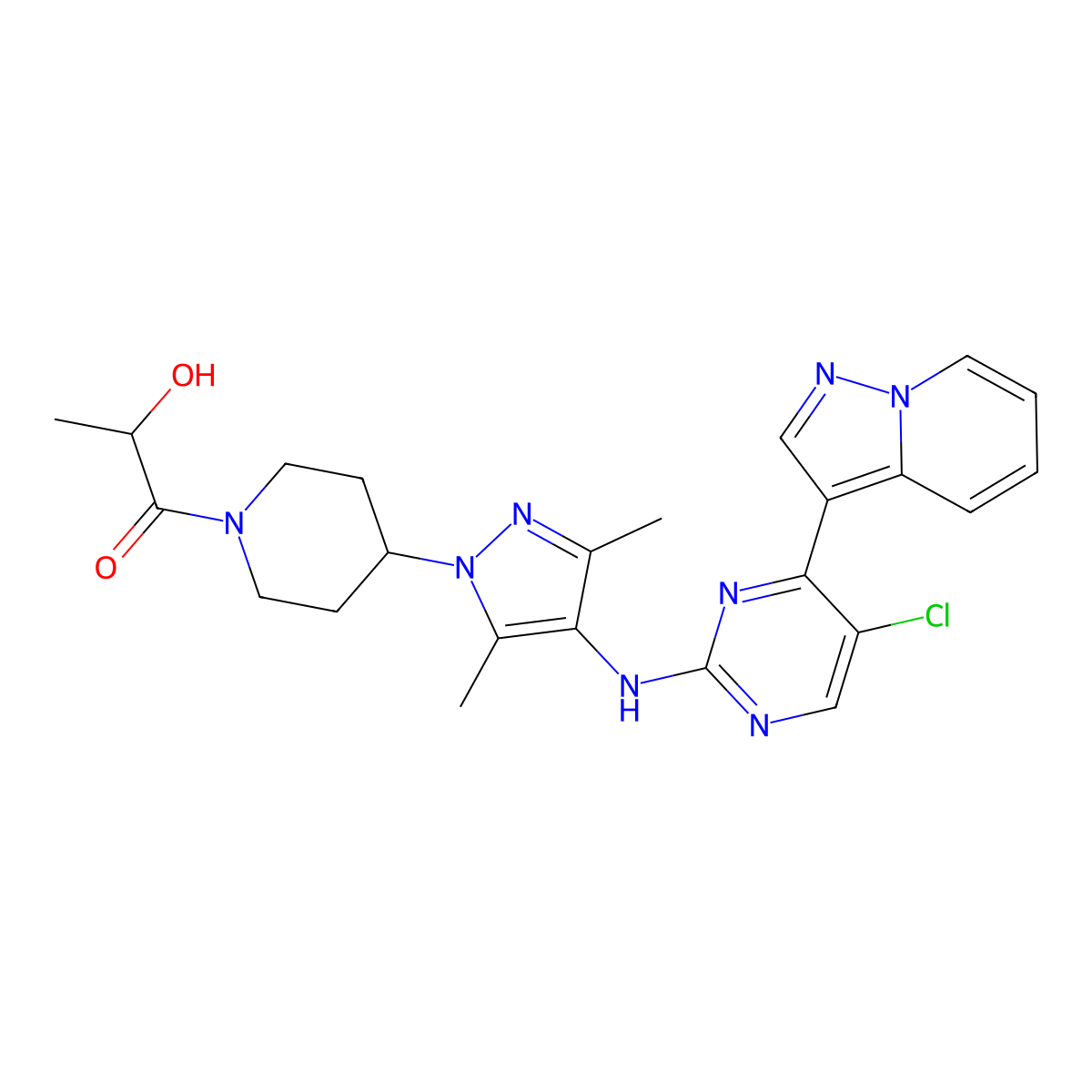 (2R)-1-[4-[4-[(5-Chloro-4-pyrazolo[1,5-a]pyridin-3-ylpyrimidin-2-yl)amino]-3,5-dimethylpyrazol-1-yl]piperidin-1-yl]-2-hydroxypropan-1-one molecular structure, CAS 1905412-80-7