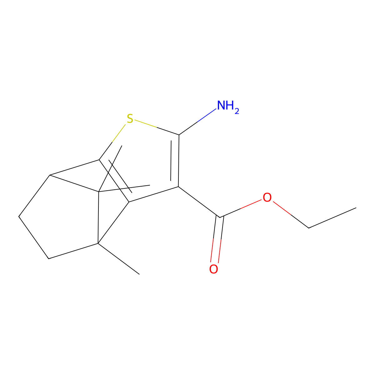 Ethyl 4-amino-7,10,10-trimethyl-3-thiatricyclo[5.2.1.0,]deca-2(6),4-diene-5-carboxylate molecular structure, CAS 190718-16-2
