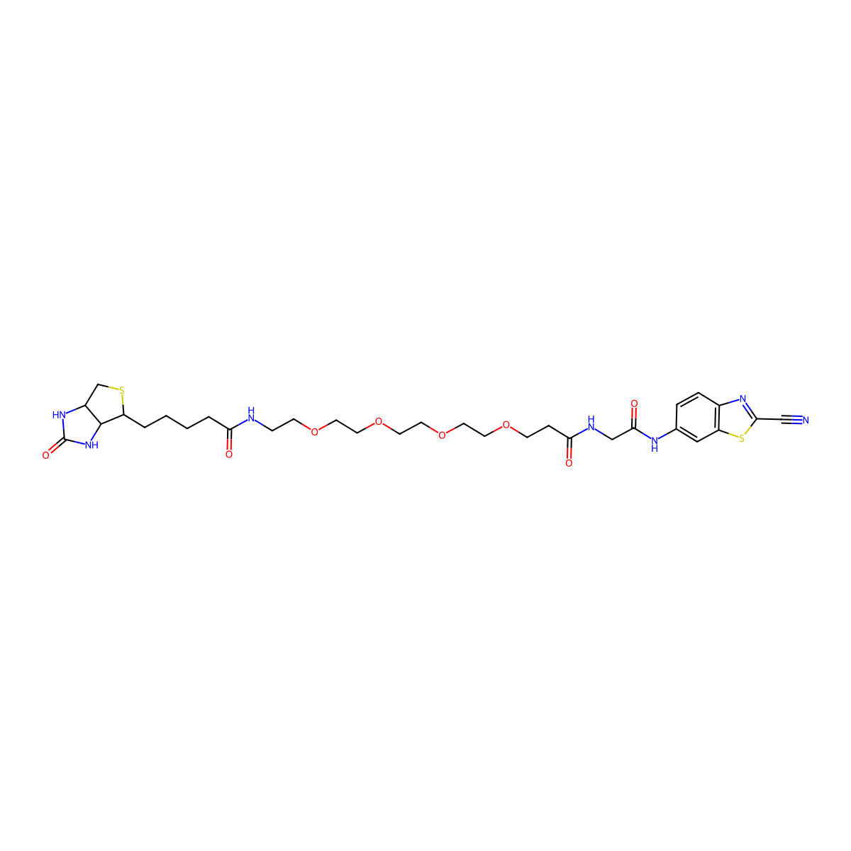 15-Biotinylamino-4,7,10,13-tetraoxa-pentadecanoyl-glycinyl-N-2-cyano-benZothiaZole (Biotin-PEG(4)-Gly-CBT) molecular structure, CAS 1907639-46-6