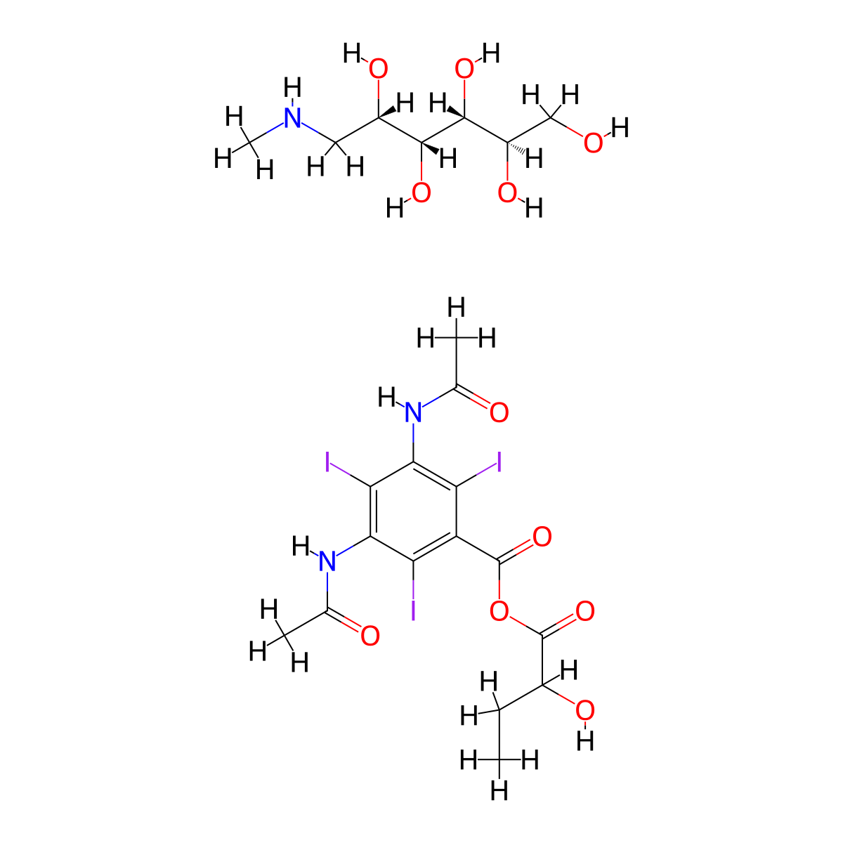 Benzoic acid, 3,5-diacetamido-2,4,6-triiodo-, ester with 2-hydroxybutyric acid, compd. with 1-deoxy-1-(methylamino)-D-glucitol (1:1) molecular structure, CAS 19080-45-6