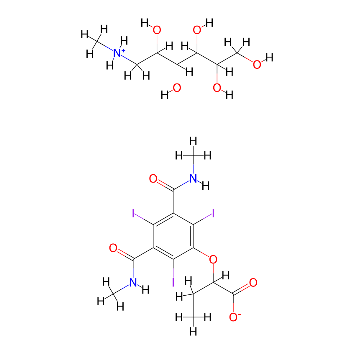 Butyric acid, 2-(3,5-bis(methylcarbamoyl)-2,4,6-triiodophenoxy)-, compd. with 1-deoxy-1-(methylamino)-D-glucitol (1:1) molecular structure, CAS 19080-47-8