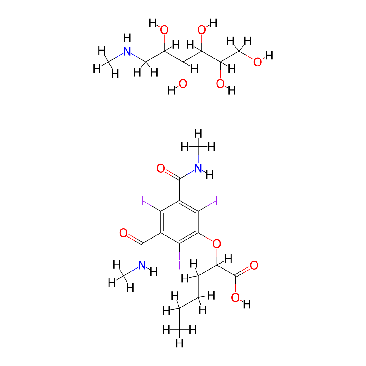 Hexanoic acid, 2-(3,5-bis(methylcarbamoyl)-2,4,6-triiodophenoxy)-, compd. with 1-deoxy-1-(methylamino)-D-glucitol (1:1) molecular structure, CAS 19080-49-0