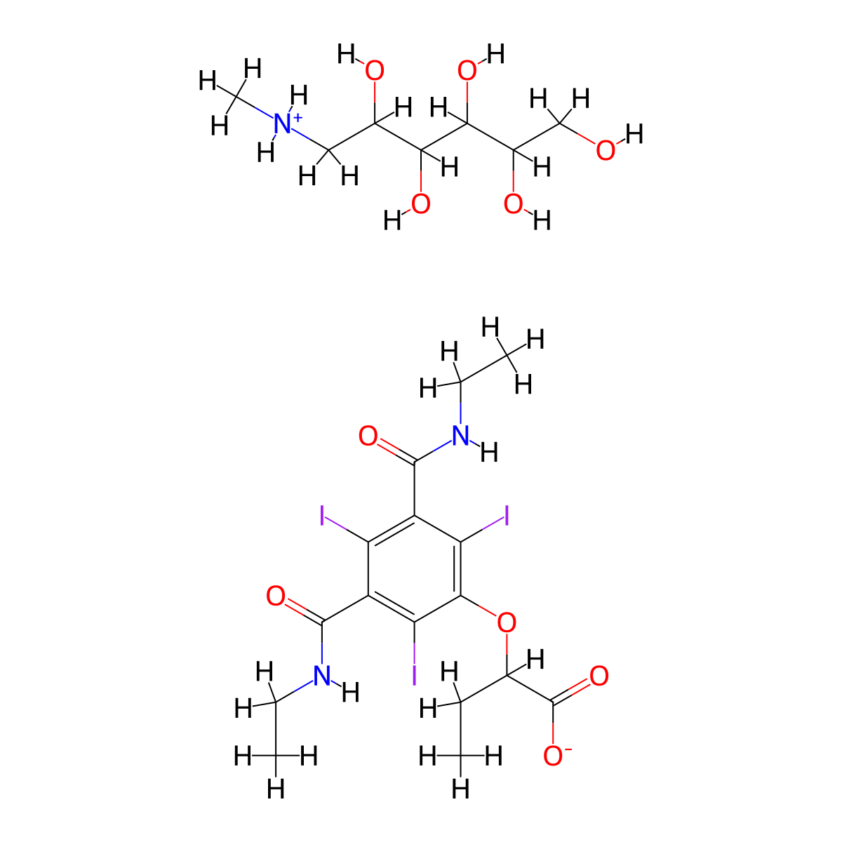 Butyric acid, 2-(3,5-bis(ethylcarbamoyl)-2,4,6-triiodophenoxy)-, compd. with 1-deoxy-1-(methylamino)-D-glucitol (1:1) molecular structure, CAS 19080-54-7