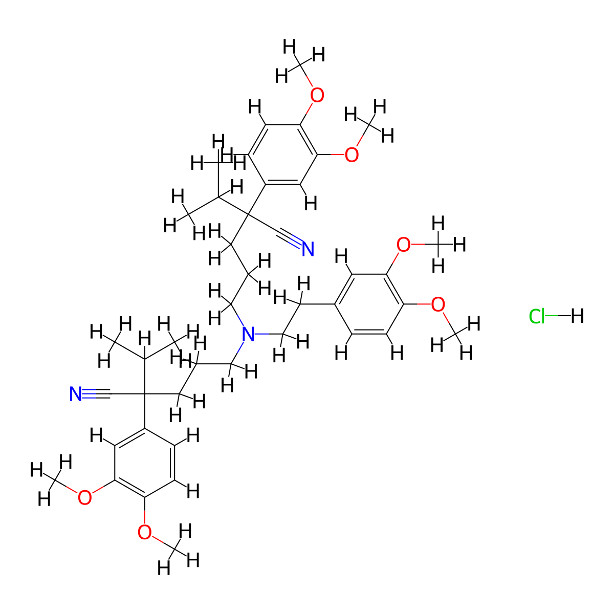 5,5'-((2-(3,4-Dimethoxyphenyl)ethyl)imino)bis(2-(3,4-dimethoxyphenyl)-2-(1-methylethyl)pentanenitrile)hydrochloride molecular structure, CAS 190850-50-1