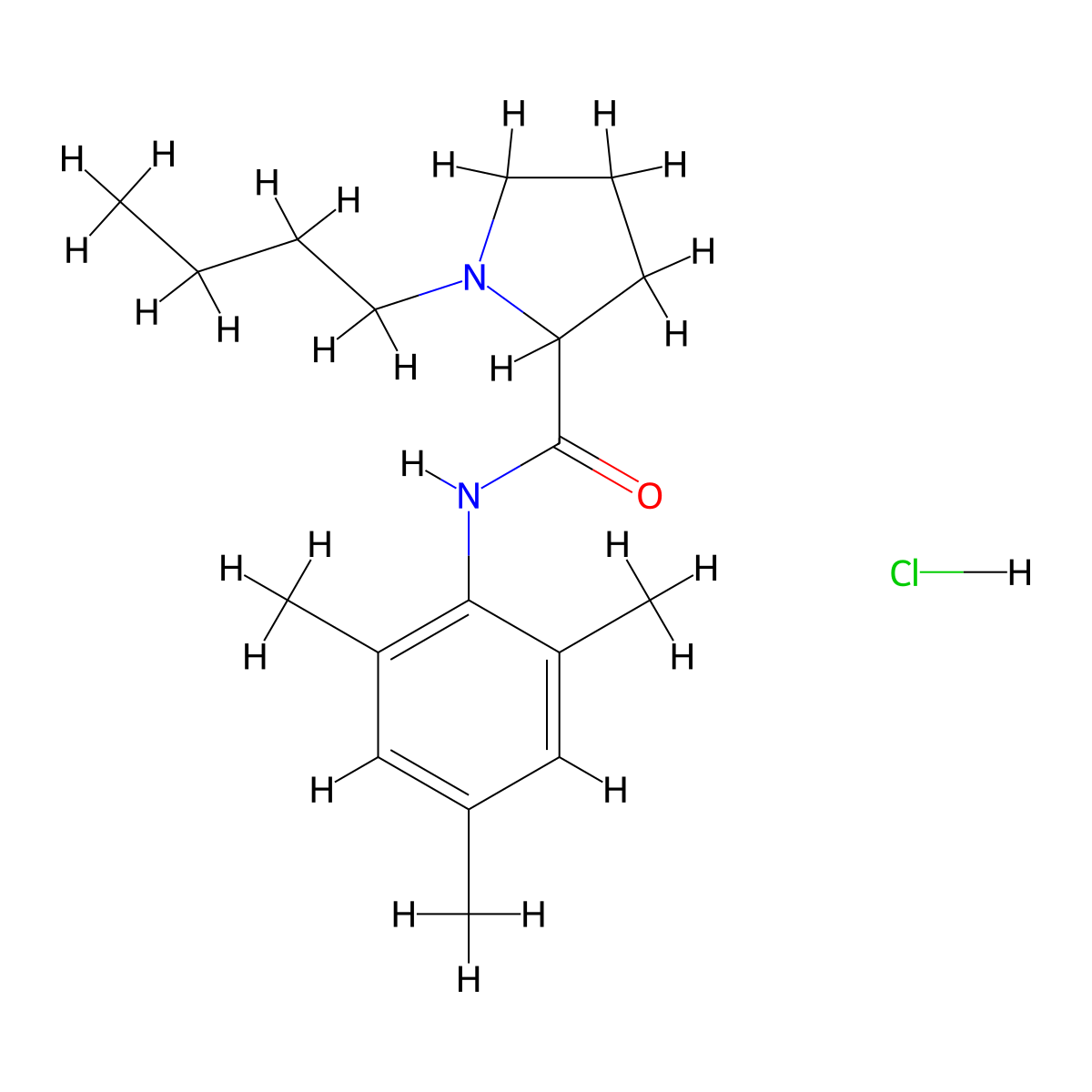 2-Pyrrolidinecarboxamide, 1-butyl-N-(2,4,6-trimethylphenyl)-, hydrochloride (1:1) molecular structure, CAS 19089-24-8