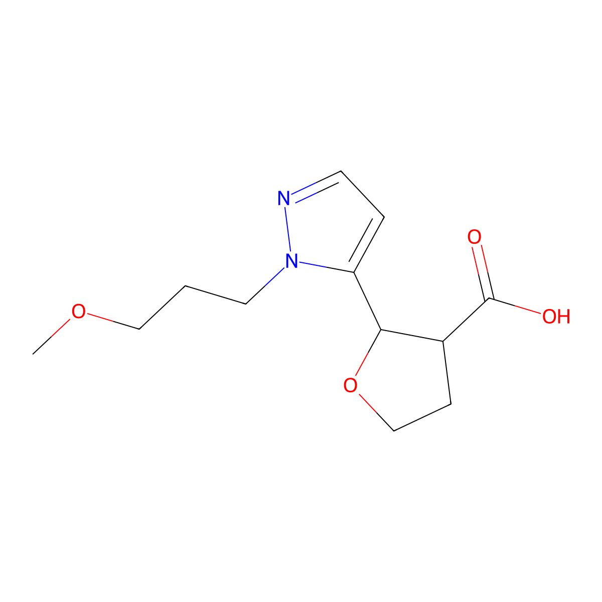 rac-(2R,3R)-2-[1-(3-methoxypropyl)-1H-pyrazol-5-yl]oxolane-3-carboxylic acid molecular structure, CAS 1909286-75-4