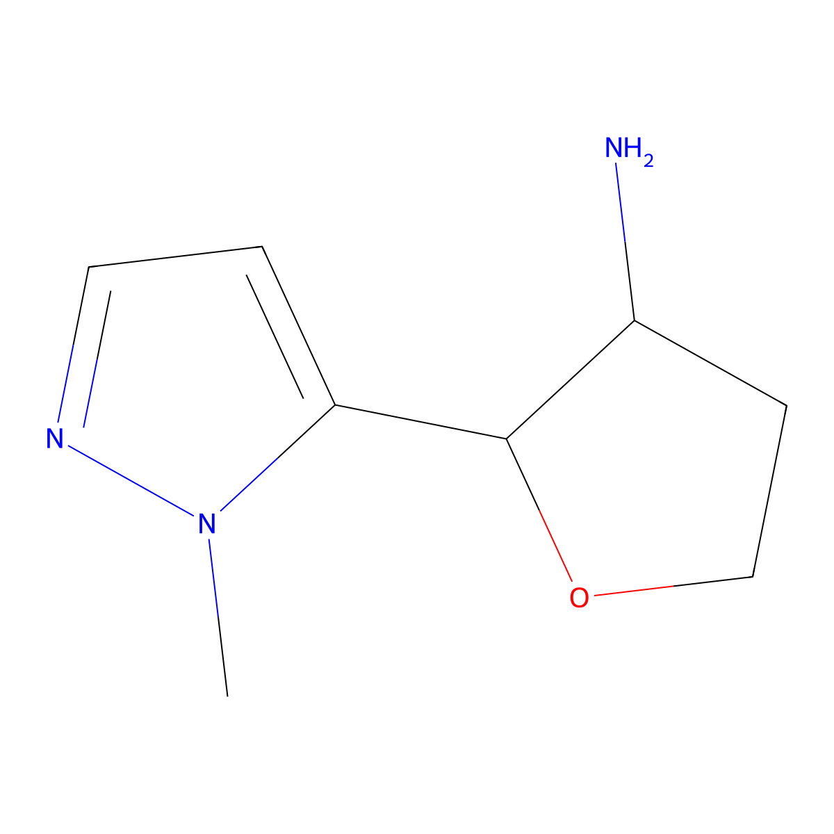 rac-(2R,3R)-2-(1-methyl-1H-pyrazol-5-yl)oxolan-3-amine molecular structure, CAS 1909288-39-6