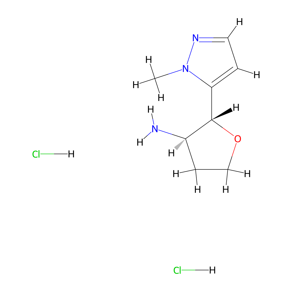 rac-(2R,3R)-2-(1-methyl-1H-pyrazol-5-yl)oxolan-3-amine dihydrochloride, trans molecular structure, CAS 1909288-40-9