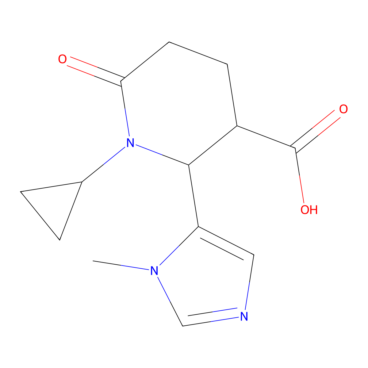 rac-(2R,3R)-1-cyclopropyl-2-(1-methyl-1H-imidazol-5-yl)-6-oxopiperidine-3-carboxylic acid, trans molecular structure, CAS 1909288-76-1