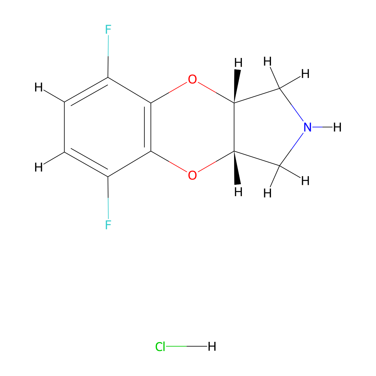 10,13-Difluoro-2,8-dioxa-5-azatricyclo[7.4.0.0,3,7]trideca-1(9),10,12-triene hydrochloride, cis molecular structure, CAS 1909293-71-5