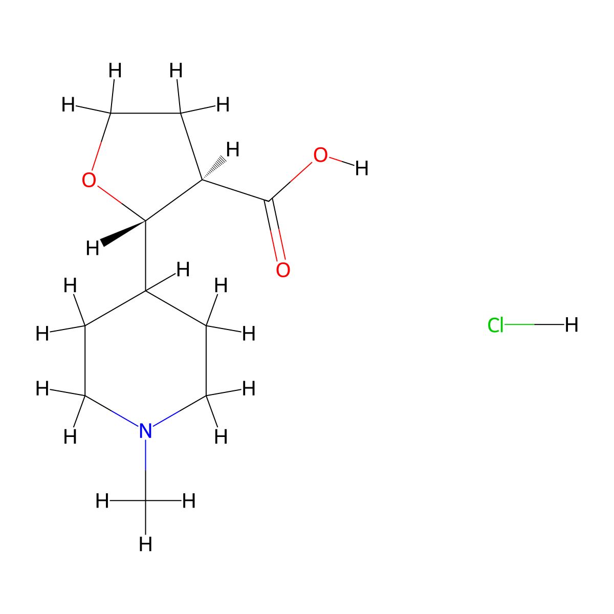 rac-(2R,3S)-2-(1-methylpiperidin-4-yl)oxolane-3-carboxylic acid hydrochloride, trans molecular structure, CAS 1909293-87-3