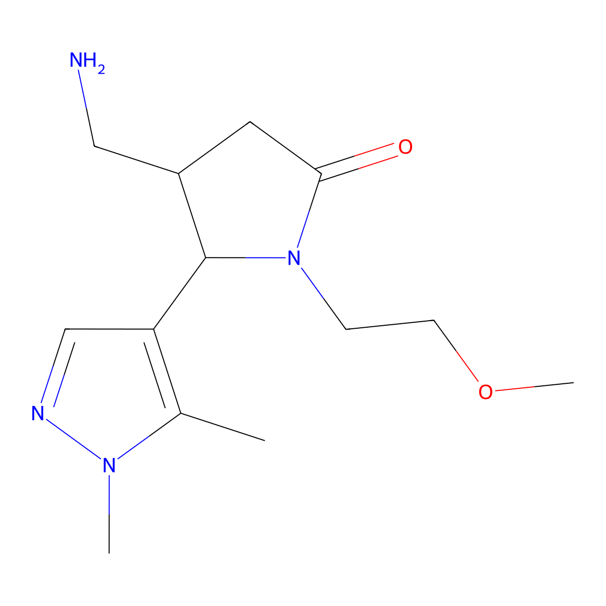 rac-(4R,5S)-4-(aminomethyl)-5-(1,5-dimethyl-1H-pyrazol-4-yl)-1-(2-methoxyethyl)pyrrolidin-2-one, trans molecular structure, CAS 1909294-08-1