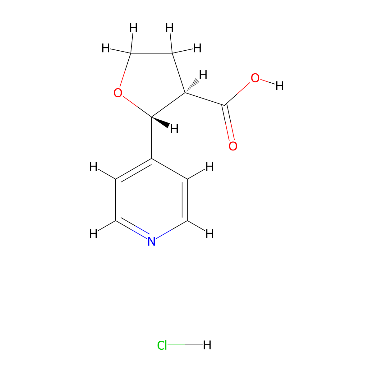 rac-(2R,3R)-2-(pyridin-4-yl)oxolane-3-carboxylic acid hydrochloride, trans molecular structure, CAS 1909294-24-1