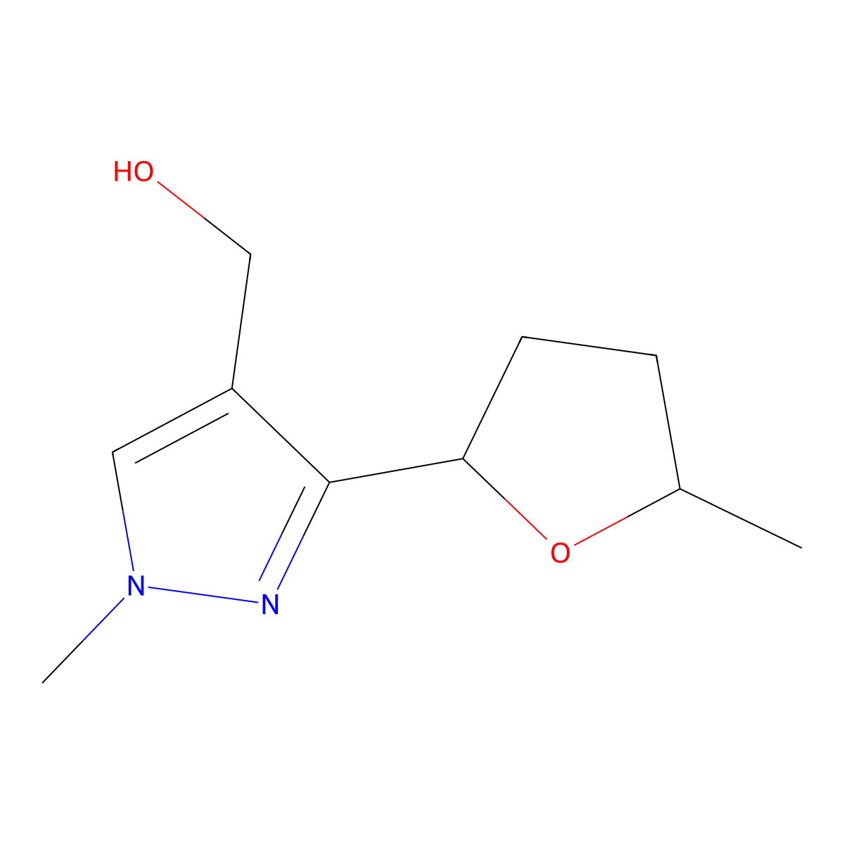 rac-{1-methyl-3-[(2R,5R)-5-methyloxolan-2-yl]-1H-pyrazol-4-yl}methanol, cis molecular structure, CAS 1909294-60-5