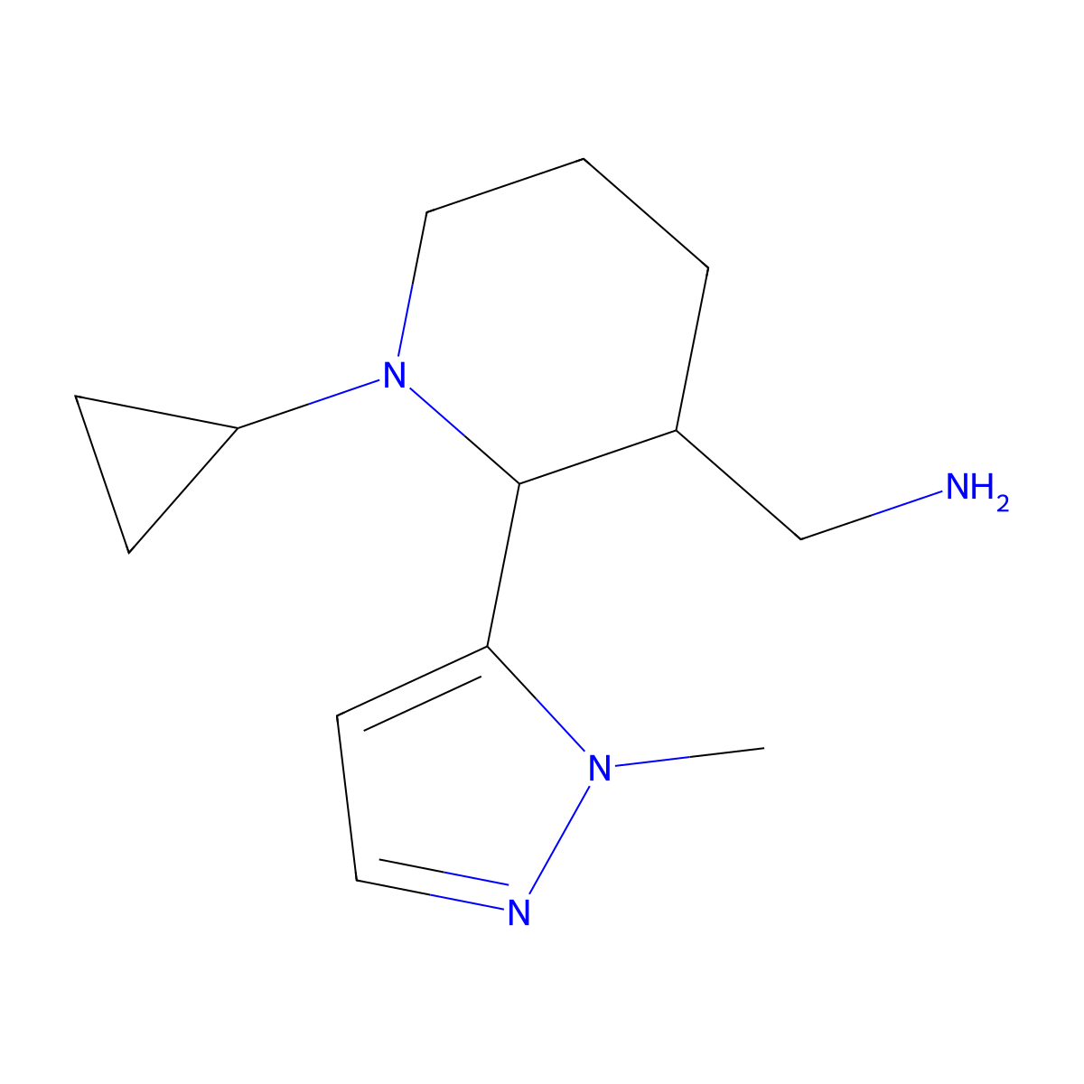 rac-[(2R,3S)-1-cyclopropyl-2-(1-methyl-1H-pyrazol-5-yl)piperidin-3-yl]methanamine, trans molecular structure, CAS 1909294-68-3