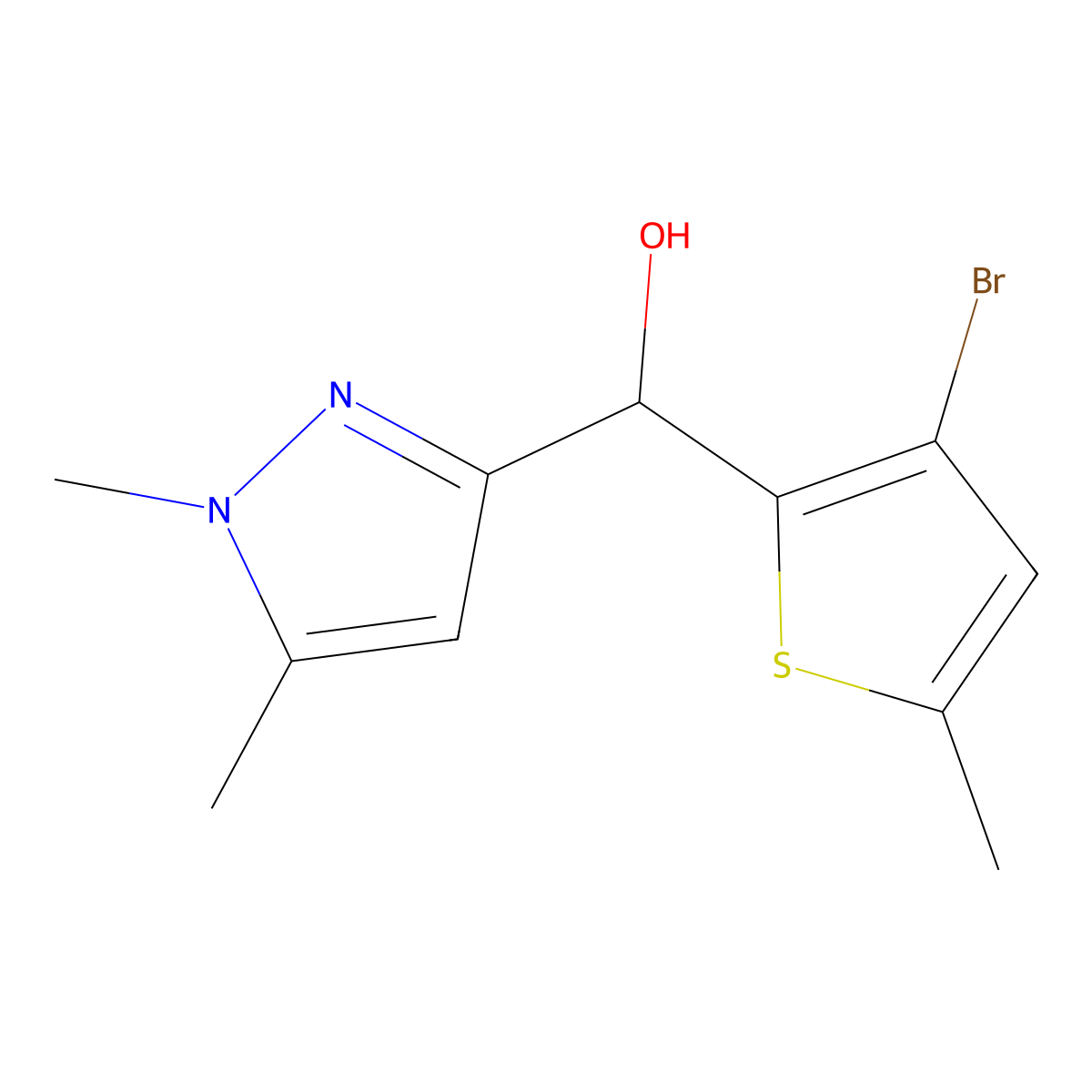 (3-bromo-5-methylthiophen-2-yl)(1,5-dimethyl-1H-pyrazol-3-yl)methanol molecular structure, CAS 1909306-12-2