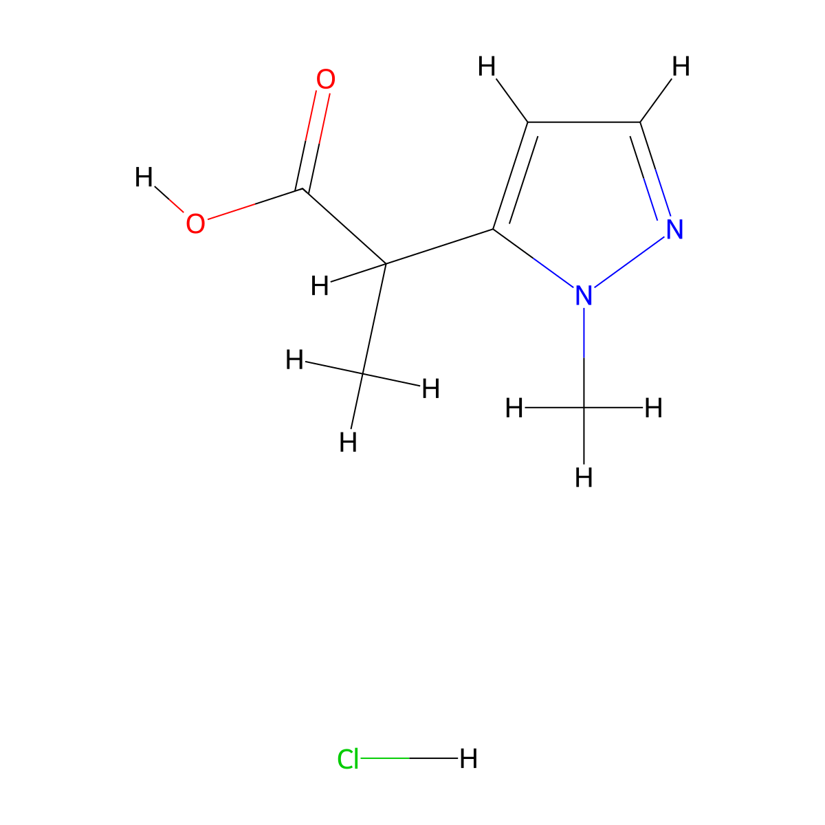 2-(1-methyl-1H-pyrazol-5-yl)propanoic acid hydrochloride molecular structure, CAS 1909308-73-1