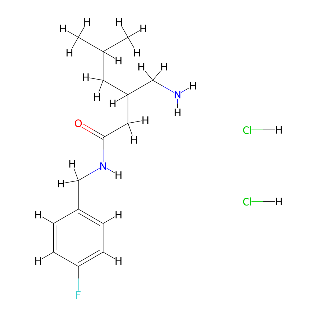 3-(aminomethyl)-N-((4-fluorophenyl)methyl)-5-methylhexanamide dihydrochloride molecular structure, CAS 1909319-81-8