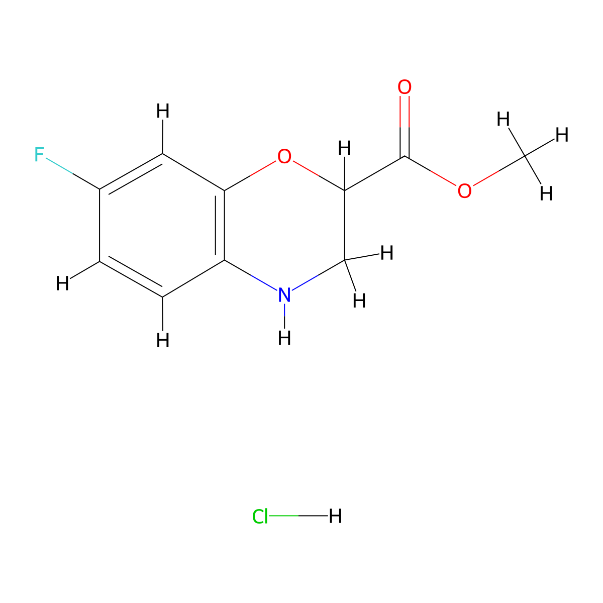 methyl 7-fluoro-3,4-dihydro-2H-1,4-benzoxazine-2-carboxylate hydrochloride molecular structure, CAS 1909320-14-4