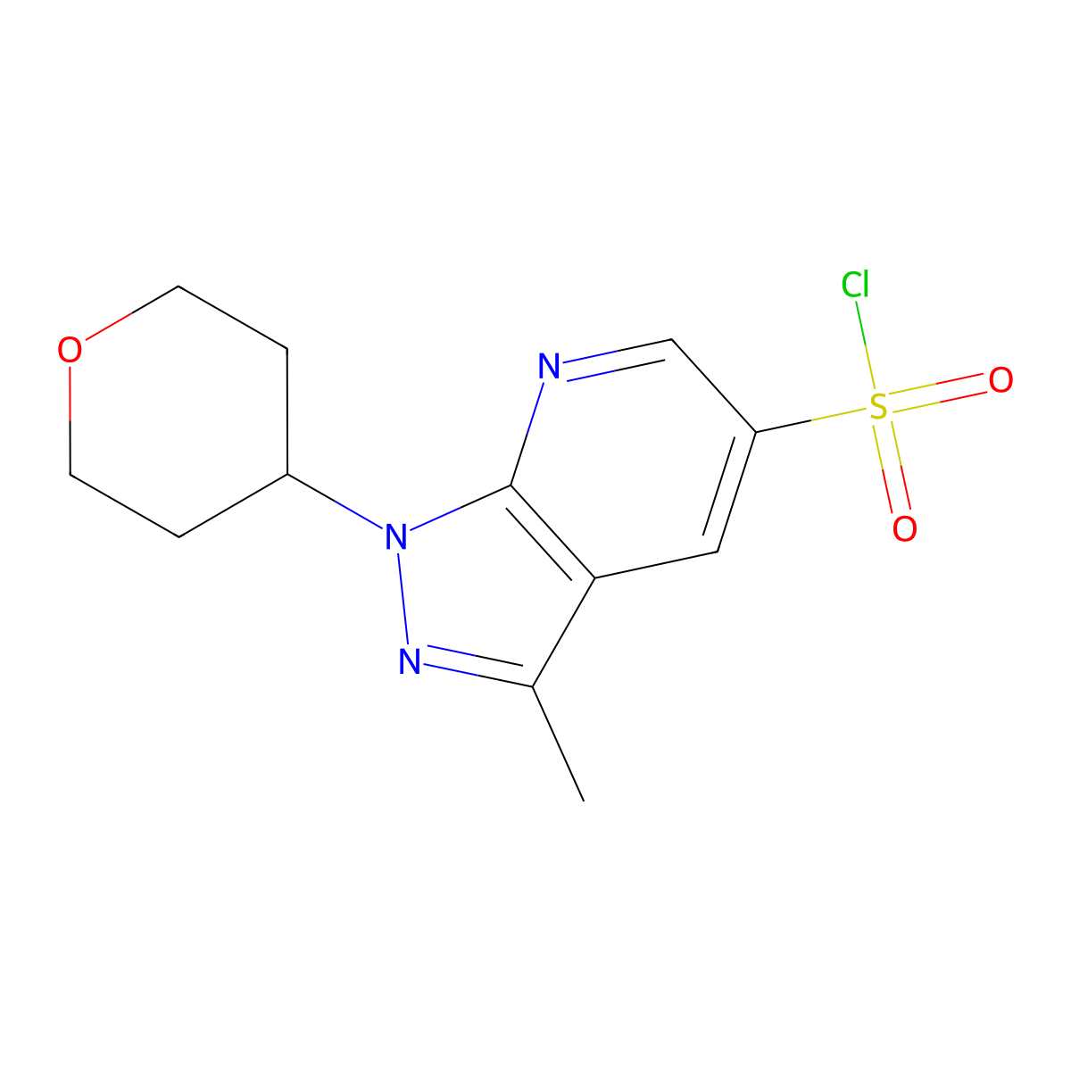 3-methyl-1-(oxan-4-yl)-1H-pyrazolo[3,4-b]pyridine-5-sulfonyl chloride molecular structure, CAS 1909324-80-6