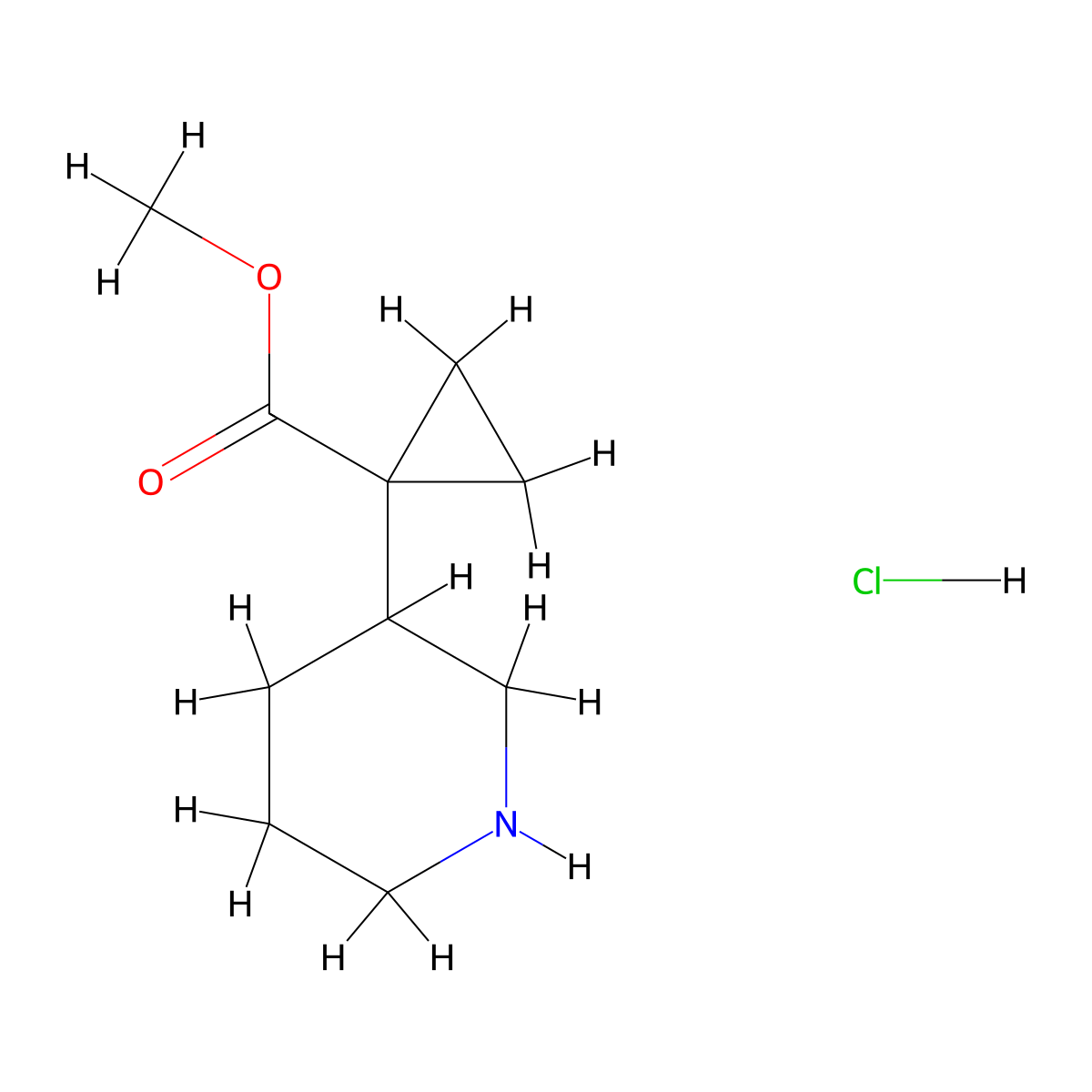 Methyl 1-(piperidin-3-yl)cyclopropane-1-carboxylate hydrochloride molecular structure, CAS 1909348-55-5