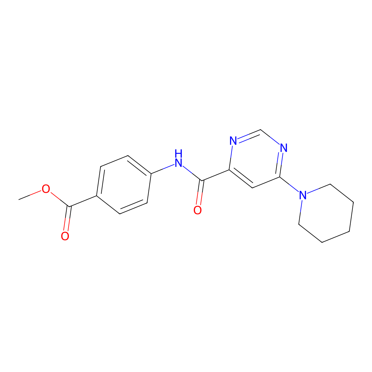 Methyl 4-(6-(piperidin-1-yl)pyrimidine-4-carboxamido)benzoate molecular structure, CAS 1909455-81-7