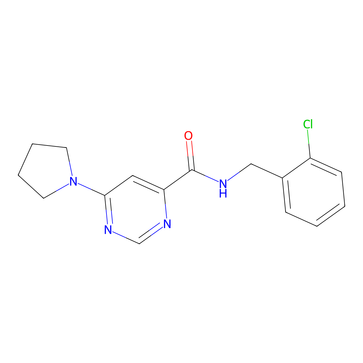 N-(2-chlorobenzyl)-6-(pyrrolidin-1-yl)pyrimidine-4-carboxamide molecular structure, CAS 1909461-65-9