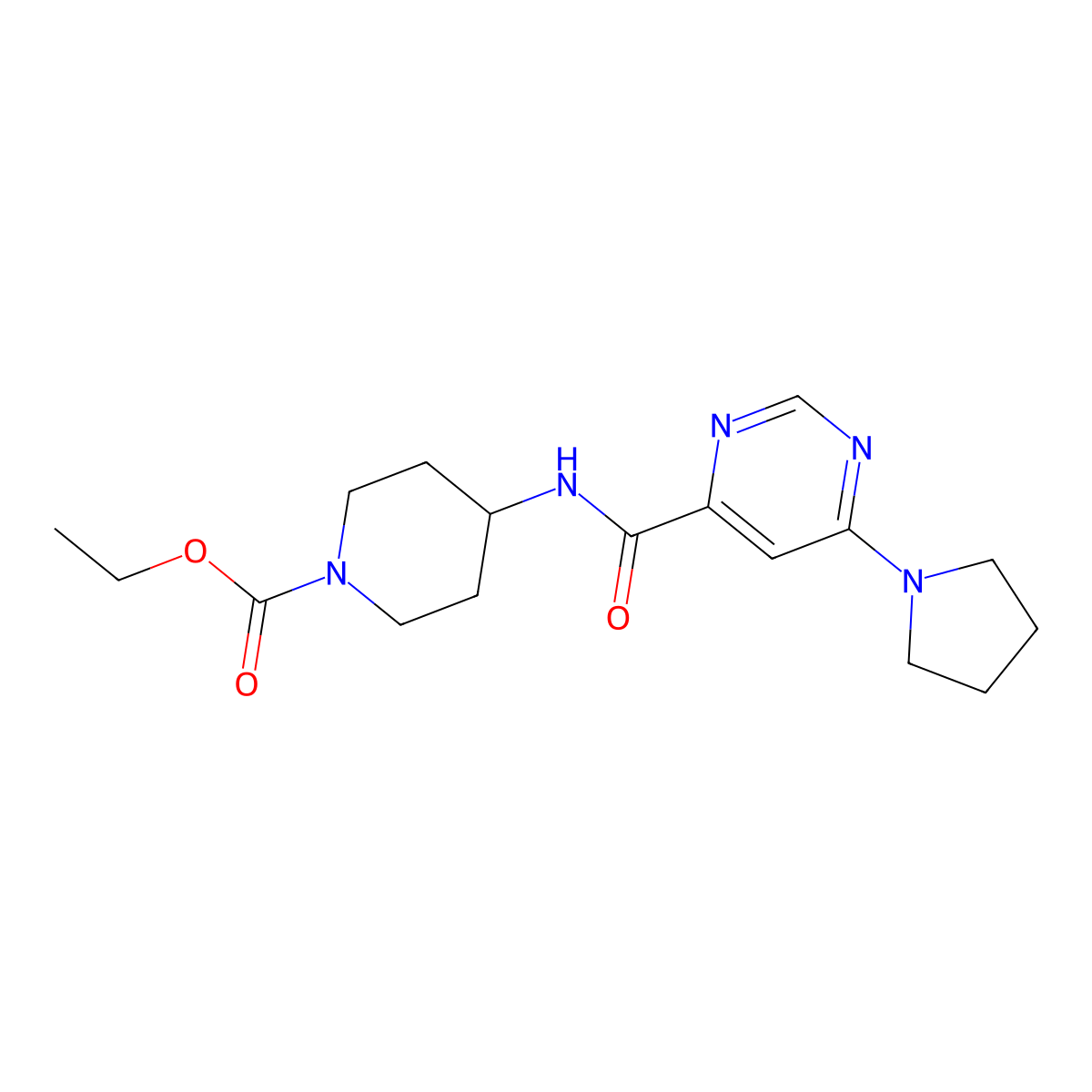 Ethyl 4-(6-(pyrrolidin-1-yl)pyrimidine-4-carboxamido)piperidine-1-carboxylate molecular structure, CAS 1909590-54-0