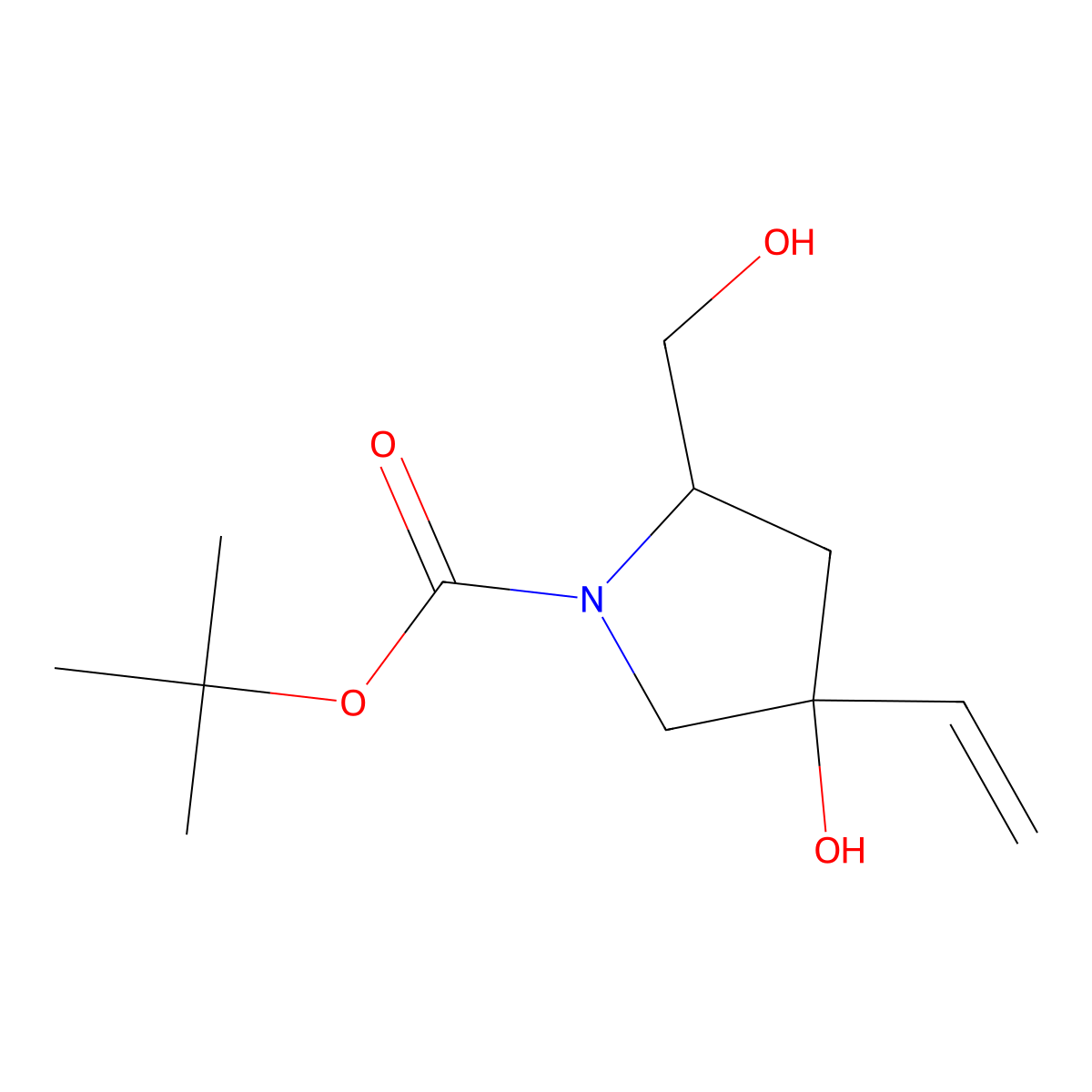 Tert-butyl 4-hydroxy-2-(hydroxymethyl)-4-vinyl-pyrrolidine-1-carboxylate molecular structure, CAS 1910065-69-8