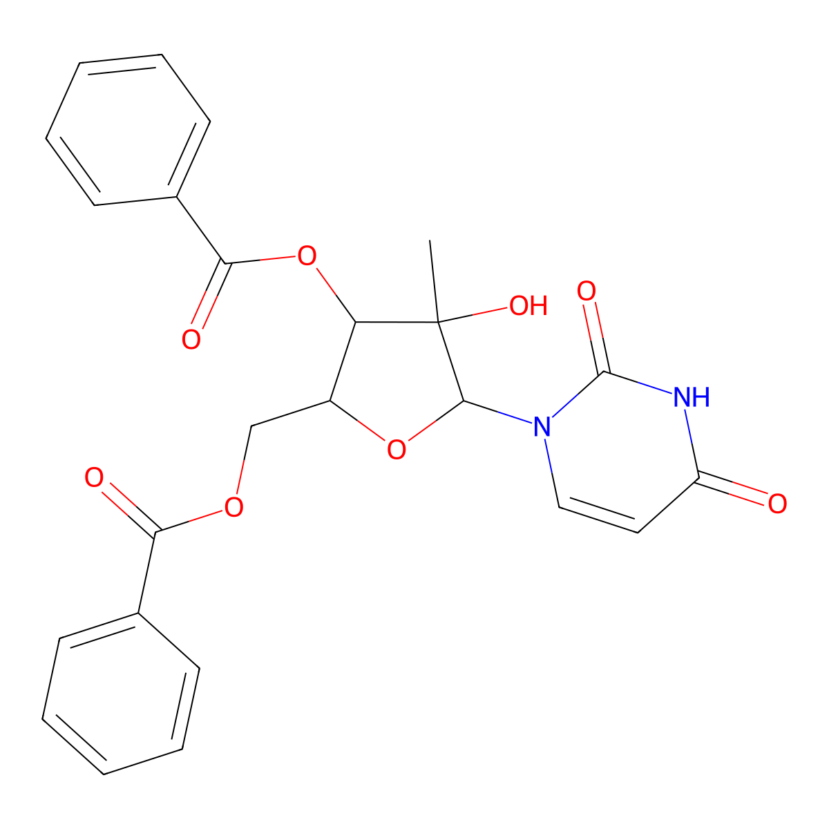 ((2R,3R,4S,5R)-3-(benzoyloxy)-5-(2,4-dioxo-3,4-dihydropyrimidin-1(2H)-yl)-4-hydroxy-4-methyltetrahydrofuran-2-yl)methyl benzoate molecular structure, CAS 1910099-11-4