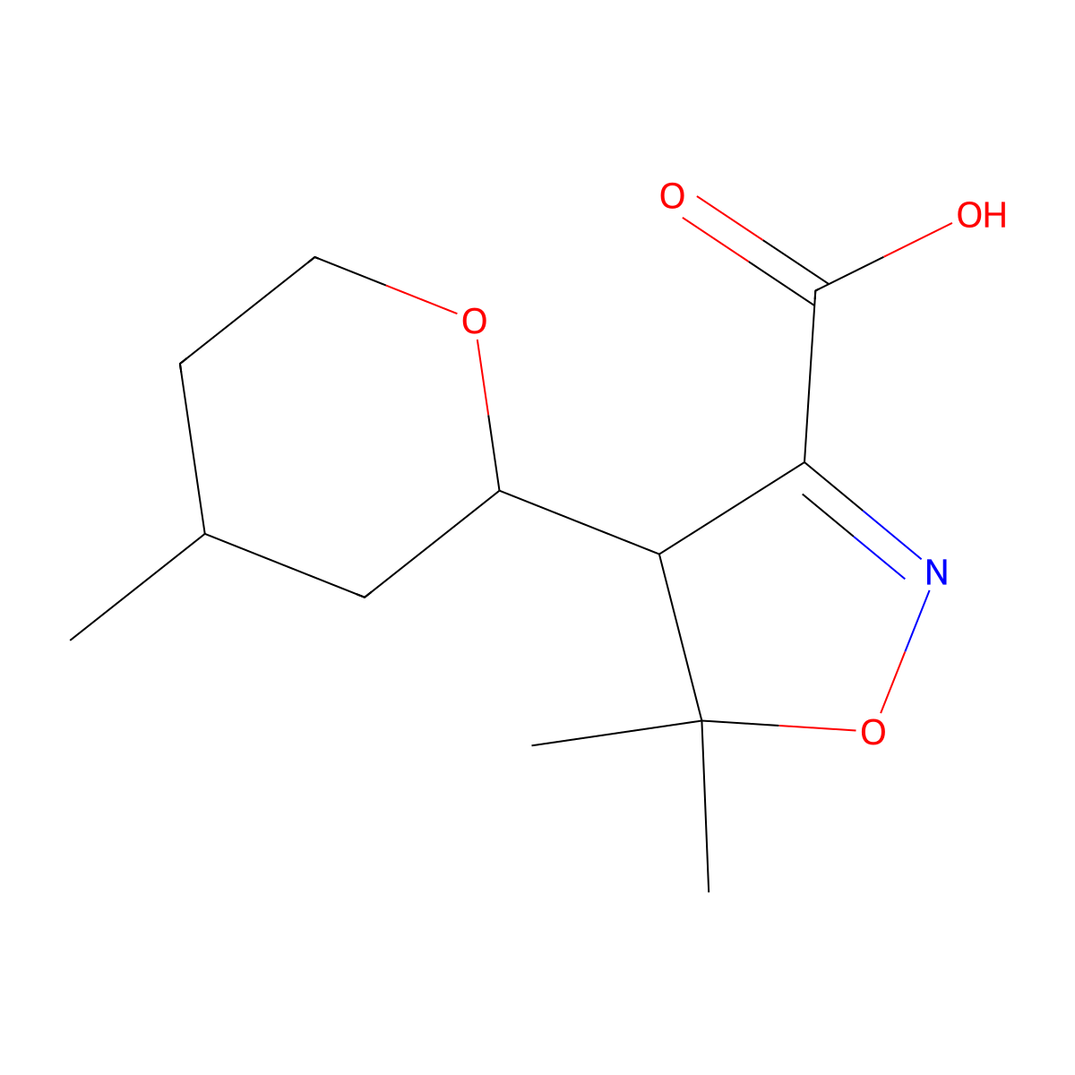 5,5-Dimethyl-4-[(4S)-4-methyloxan-2-yl]-4,5-dihydro-1,2-oxazole-3-carboxylic acid molecular structure, CAS 1910205-48-9