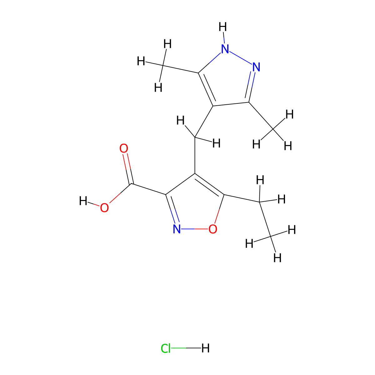 4-[(3,5-Dimethyl-1H-pyrazol-4-yl)methyl]-5-ethyl-1,2-oxazole-3-carboxylicacid(HCl) molecular structure, CAS 1910761-57-7