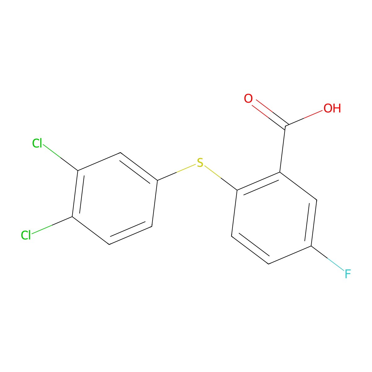2-((3,4-Dichlorophenyl)sulfanyl)-5-fluorobenzoic acid molecular structure, CAS 191154-43-5