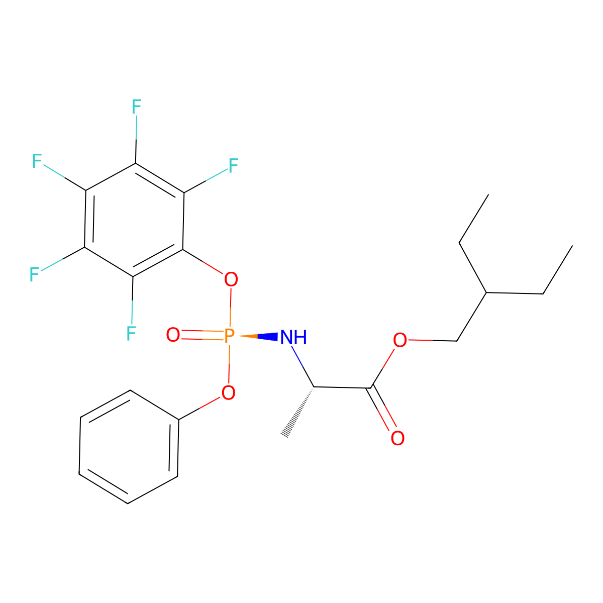 2-ethylbutyl (2S)-2-{[(S)-pentafluorophenoxy(phenoxy)phosphoryl]amino}propanoate molecular structure, CAS 1911578-98-7