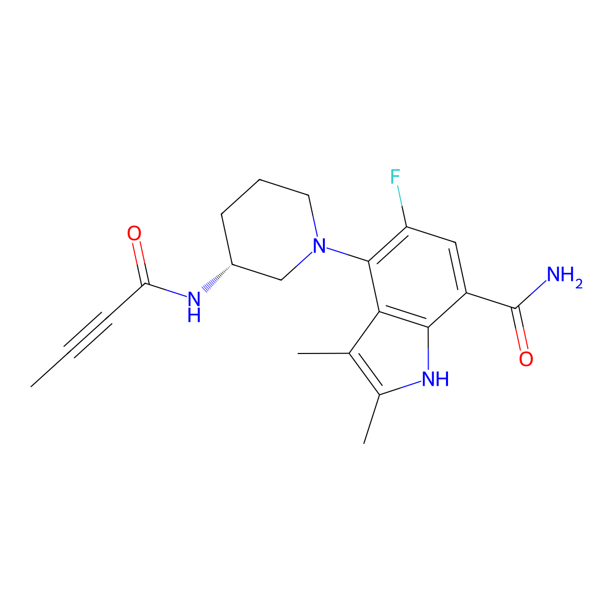 (R)-4-(3-(But-2-ynamido)piperidin-1-yl)-5-fluoro-2,3-dimethyl-1H-indole-7-carboxamide molecular structure, CAS 1912445-70-5