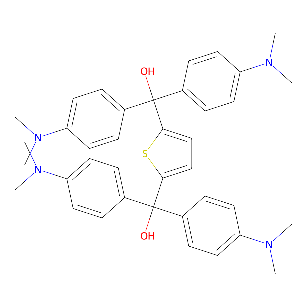 (5-{Bis[4-(dimethylamino)phenyl](hydroxy)methyl}thiophen-2-yl)bis[4-(dimethylamino)phenyl]methanol molecular structure, CAS 191282-20-9