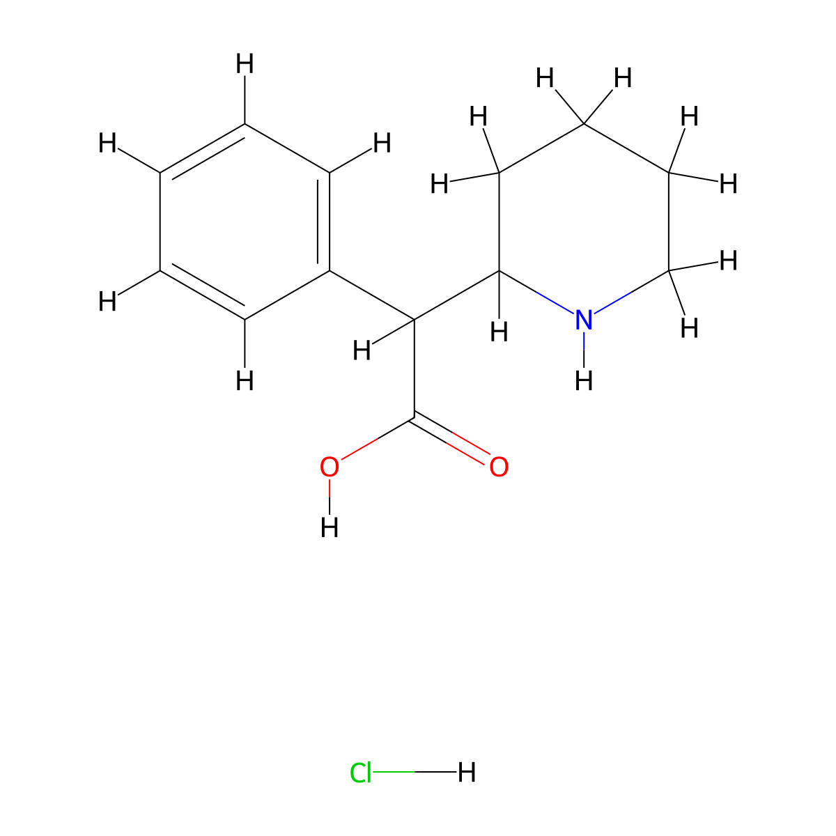2-Piperidineacetic acid, alpha-phenyl-, hydrochloride (1:1) molecular structure, CAS 19130-92-8