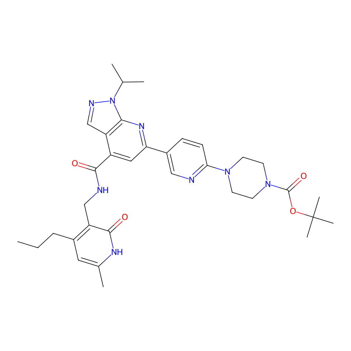tert-Butyl 4-(5-(1-isopropyl-4-(((6-methyl-2-oxo-4-propyl-1,2-dihydropyridin-3-yl)methyl)carbamoyl)-1H-pyrazolo[3,4-b]pyridin-6-yl)pyridin-2-yl)piperazine-1-carboxylate molecular structure, CAS 1913252-59-1