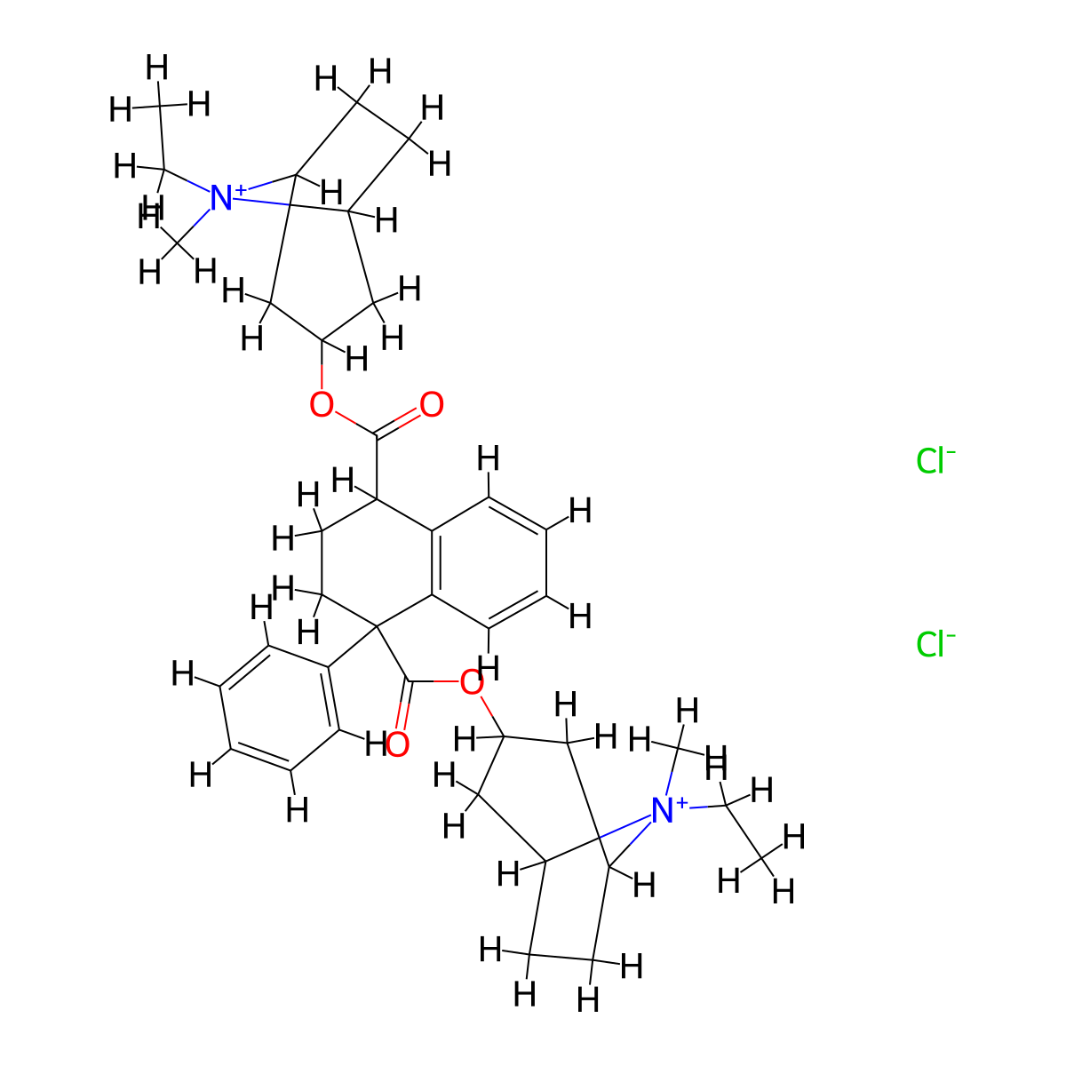 bis(8-ethyl-8-methyl-8-azoniabicyclo[3.2.1]octan-3-yl) 4-phenyl-2,3-dihydro-1H-naphthalene-1,4-dicarboxylate dichloride molecular structure, CAS 191355-47-2