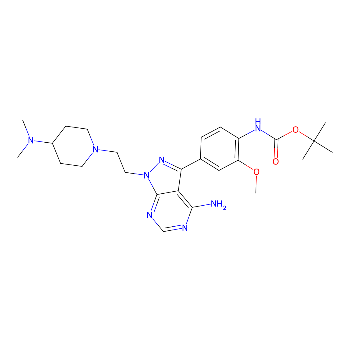 tert-butyl (4-(4-amino-1-(2-(4-(dimethylamino)piperidin-1-yl)ethyl)-1H-pyrazolo(3,4-d)pyrimidin-3-yl)-2-methoxyphenyl)carbamate molecular structure, CAS 1914078-41-3